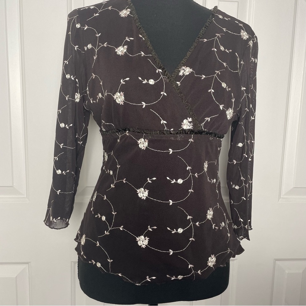 Women's brown embroidered wrap style top